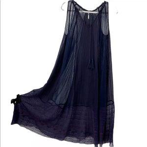 Free People Navy Blue Sheer Swiss Dot Gauze Maxi Dress Boho Oversized A-Line XS